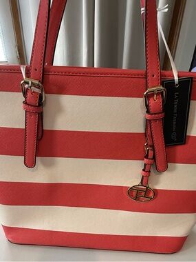 Coral & Cream Striped Tote Bag